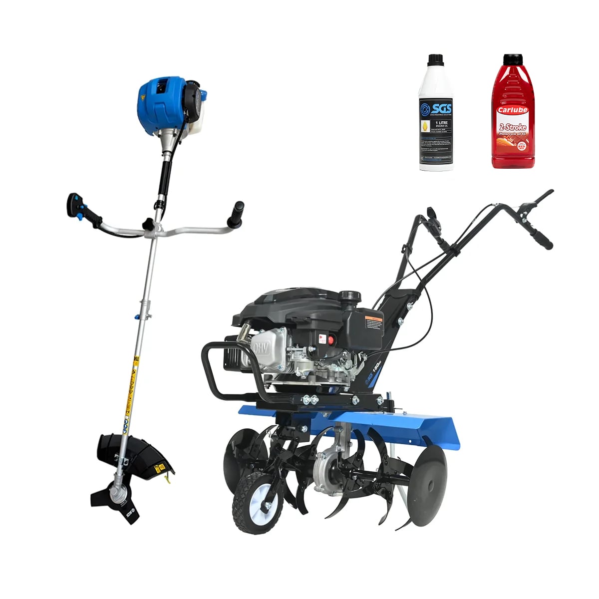 SGS Cultivator Bundle, Petrol Tiller, Brushcutter 2 Stroke Oil and Engine Oil